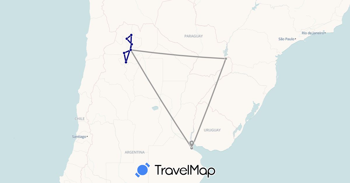 TravelMap itinerary: driving, plane in Argentina, Brazil (South America)